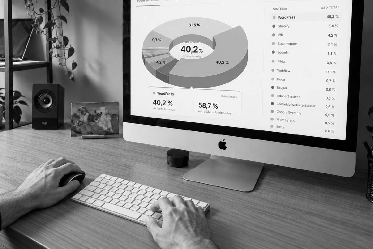 Por qué hacer tu web con wordpress, imac de sobremesa con gráfica de datos reales sobre las tecnologias web mas utilizadas a nivel mundial en 2026